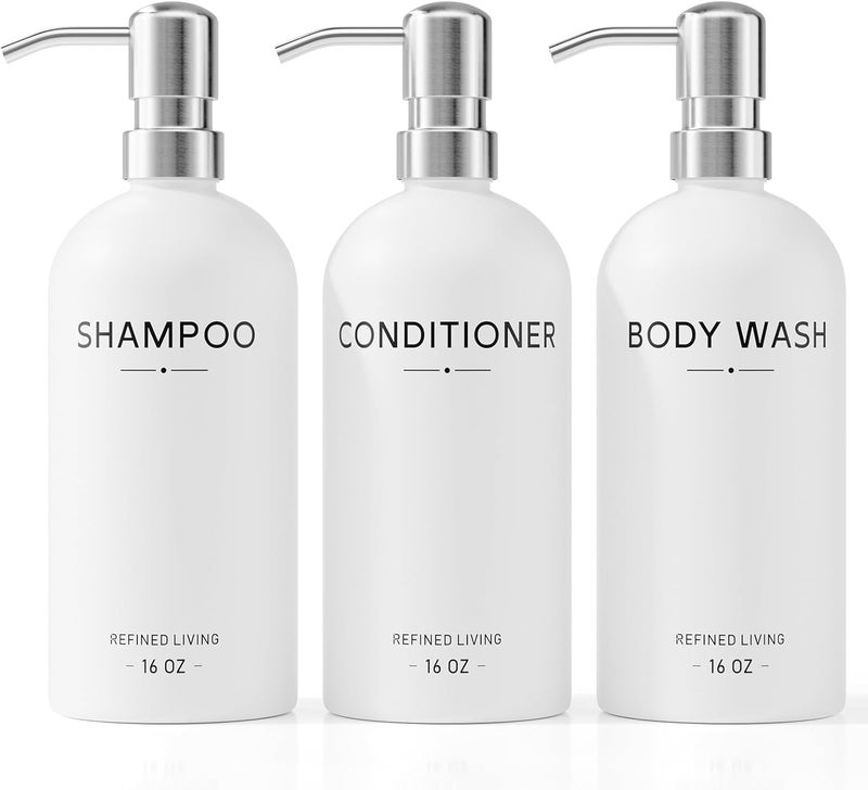 Aeakey Shampoo and Conditioner Dispenser Set,3 Refillable 16oz Bottles with Stainless Steel Pumps – Shower Soap Dispensers for Bathroom, Hotel or Airbnb (Silver, 3-Pack) - Image 1